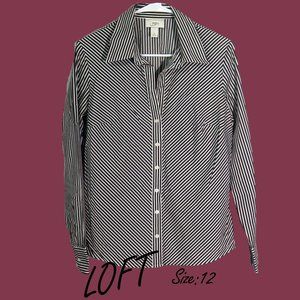 Ann Taylor LOFT Black and White Stiped Button-Up Dress Shirt
